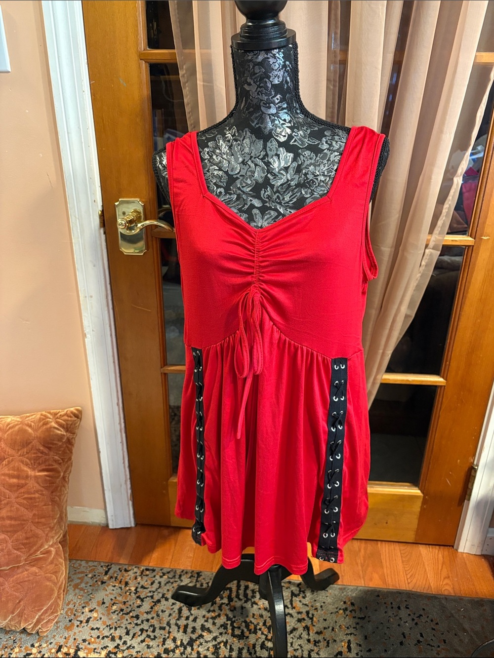 Red Sleeveless Drawstring Tunic Top with Lace-Up Trim XL